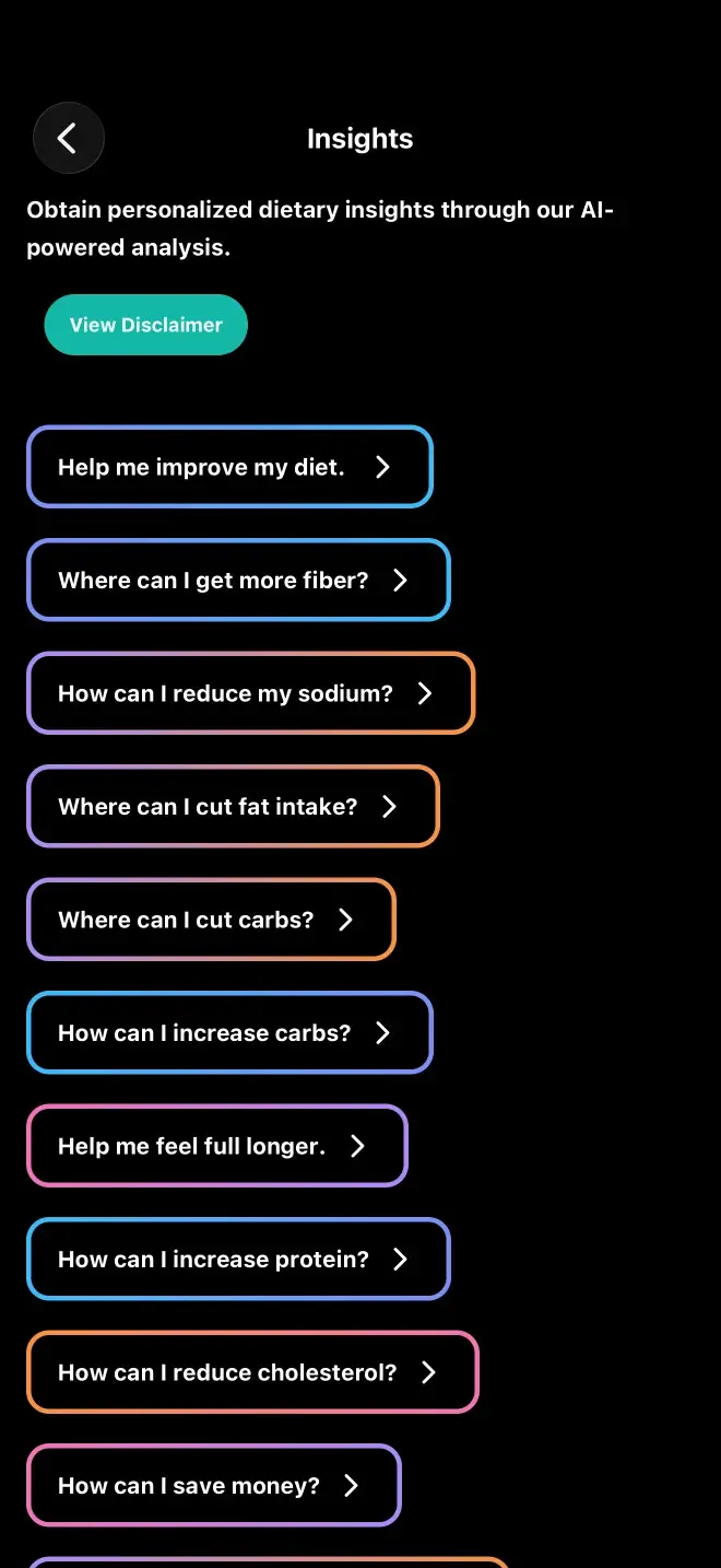 The AI Coach screen, greeting the user as Cal and offering prompts such as improving their diet, finding more fiber, and reducing sodium.