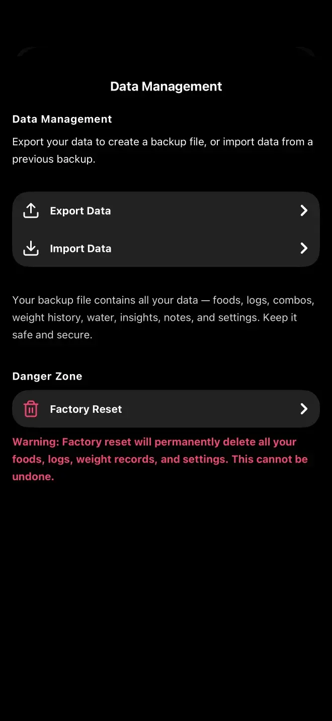 The export, import and reset screen, offering a full JSON backup of all local data, a restore from file, and a factory reset.