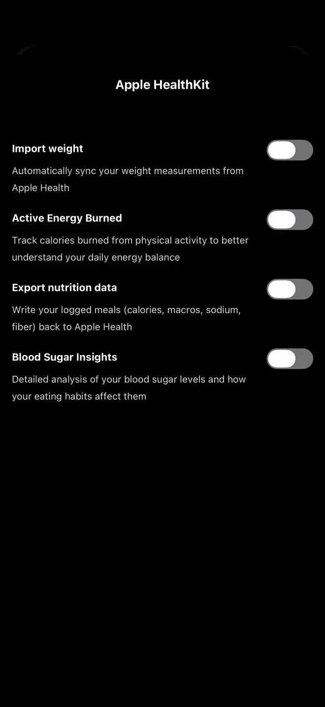 The Apple Health settings, with individual toggles for importing weight, reading active energy burned, exporting nutrition data, and enabling blood sugar insights.