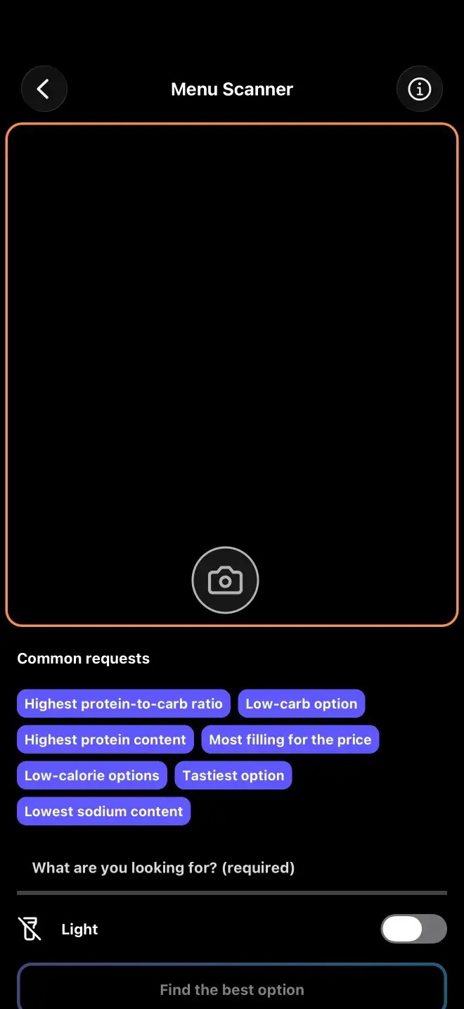 The Menu Scanner, which photographs a restaurant menu and recommends a dish based on a chosen goal such as highest protein or lowest calorie.