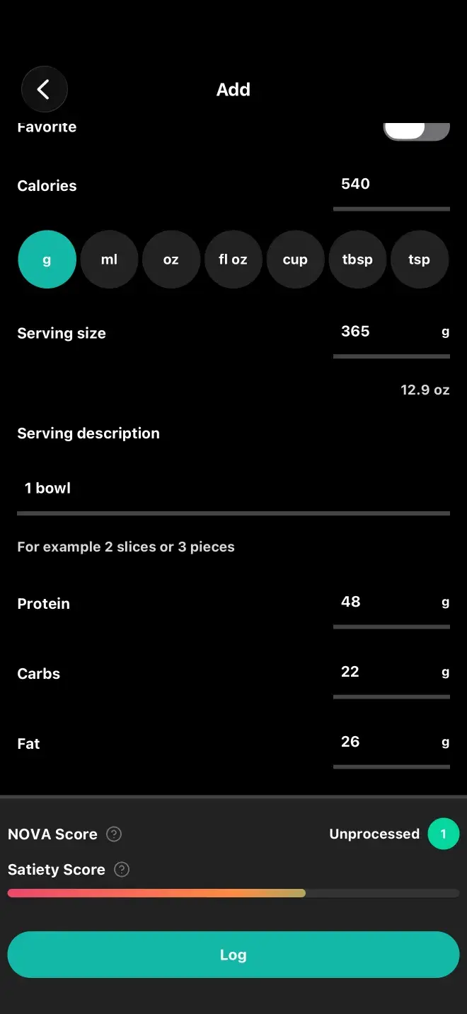 The result of an AI photo scan: a grilled chicken Caesar salad identified automatically, with 540 calories, 48g protein, 22g carbs and 26g fat already filled in.