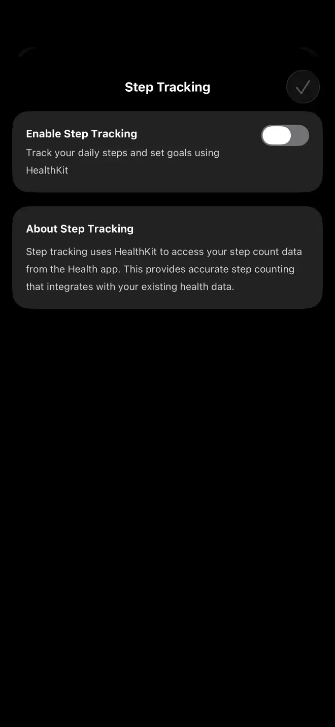 The step tracking settings, showing daily step count against a configurable goal, read from Apple Health.