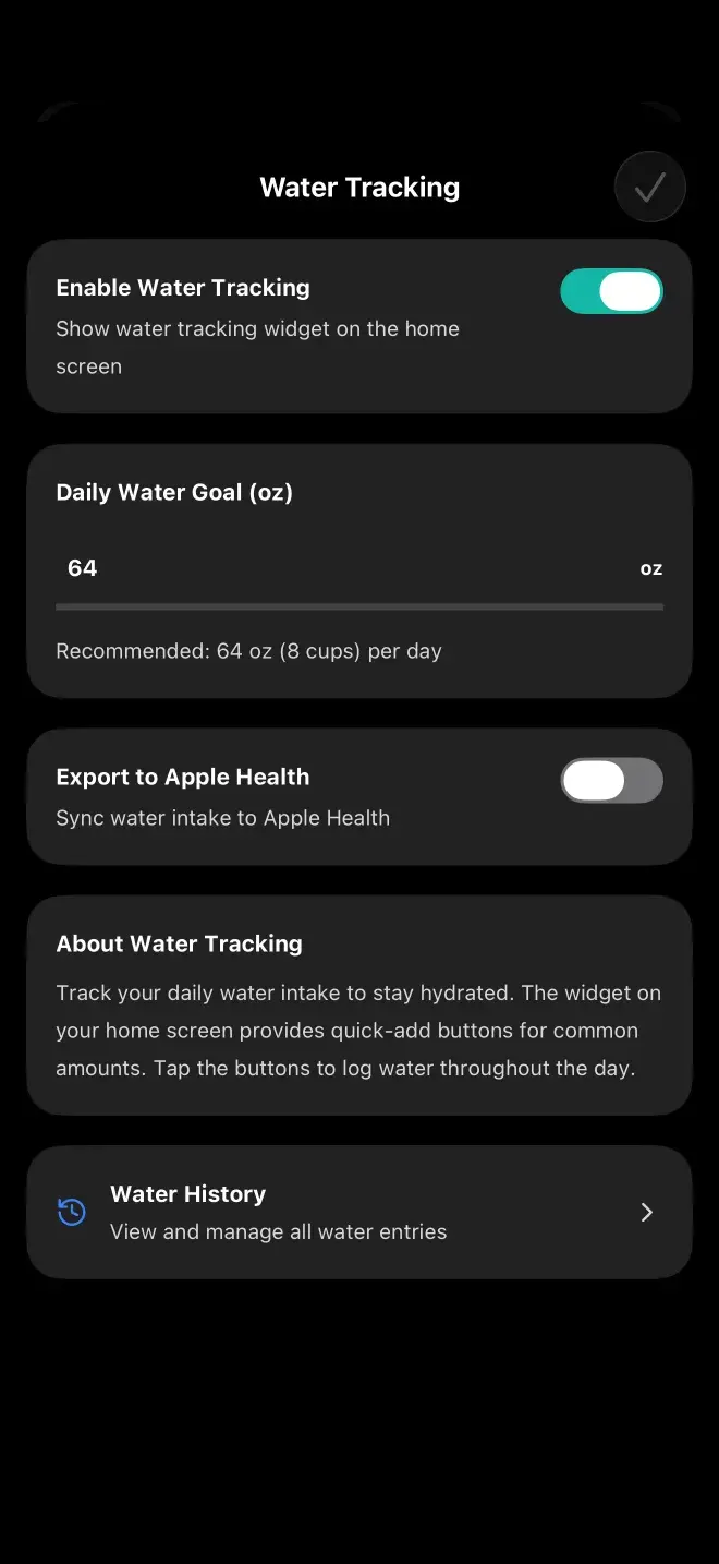 The water tracking settings, with a daily goal in ounces and quick-add buttons for a glass, a bottle and a large drink.