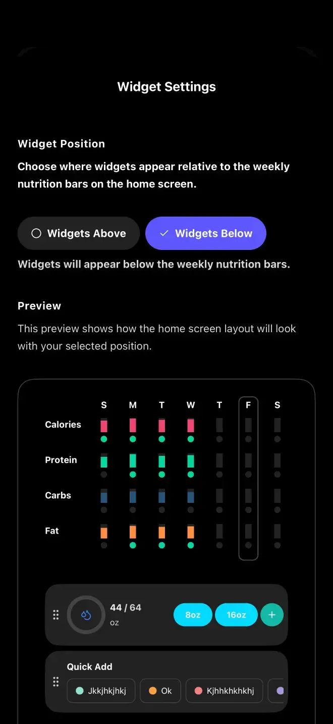 The widget settings, where the home screen's water, steps and quick-notes widgets are reordered and positioned.